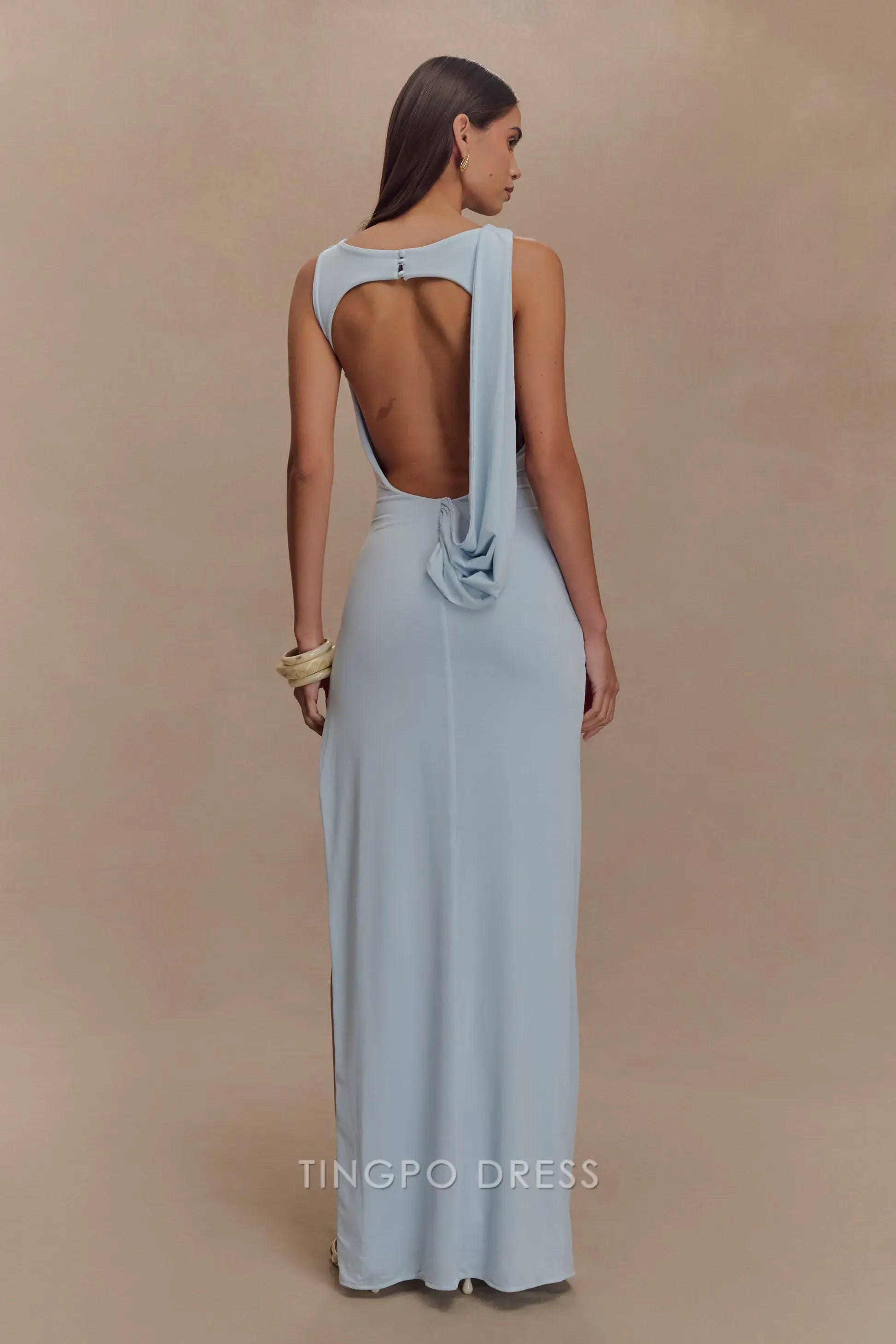 Elegant Sheath/Column Slinky Draped Open Back Floor-Length Maxi Dress Prom Dress
